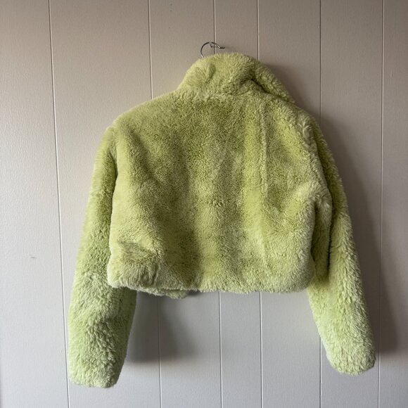 Cropped Faux Fur Jacket Women’s Small Lime Green Plush Teddy Coat - Picture 3 of 3